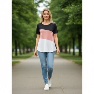 DRESSFO short sleeve top peach black and white ladies XL NWT Layering piece